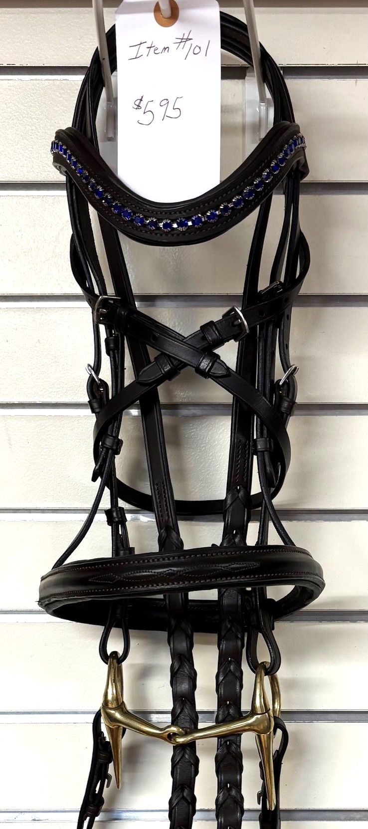 #101-BB Black Bridle With Blue Rhinestones and Brass Bit